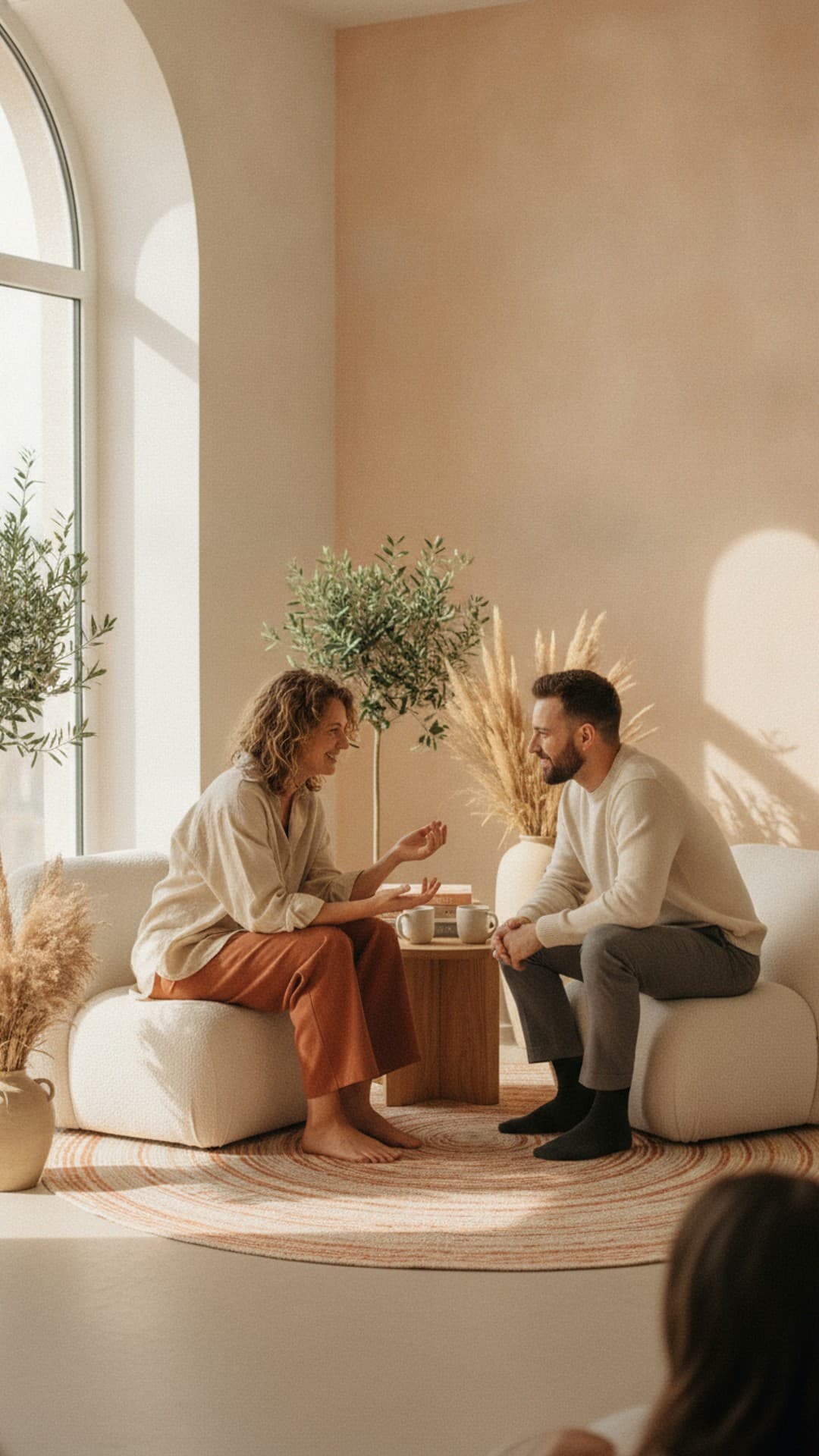 Two people sitting across from each other as equals, in conversation