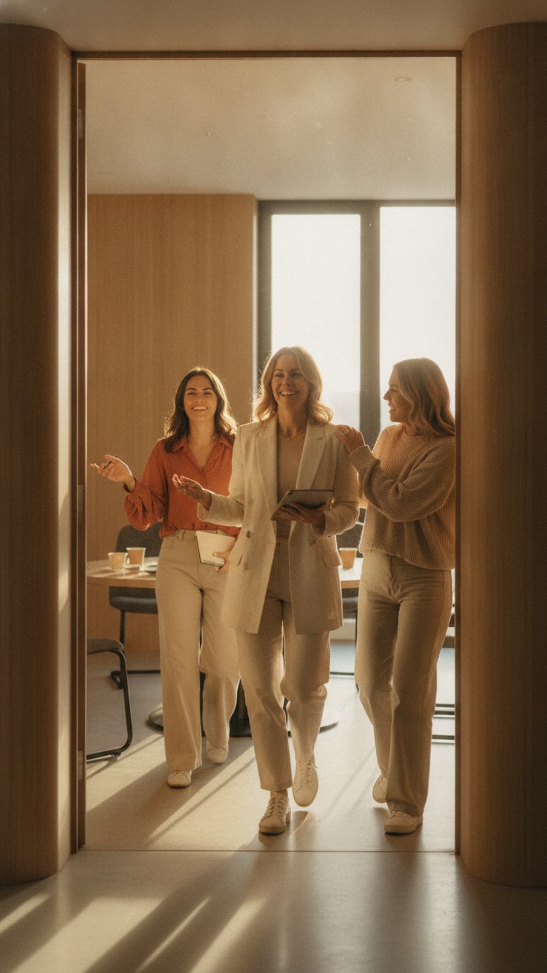 A manager and two team members leaving a short meeting, visibly relieved