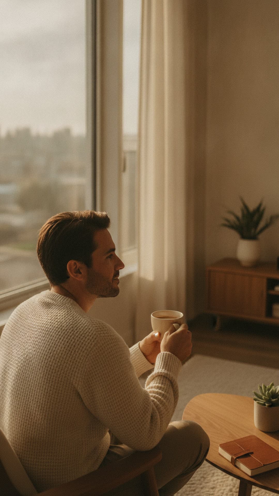 Solo-Unternehmer sitzt morgens ruhig mit einer Tasse Kaffee am Fenster