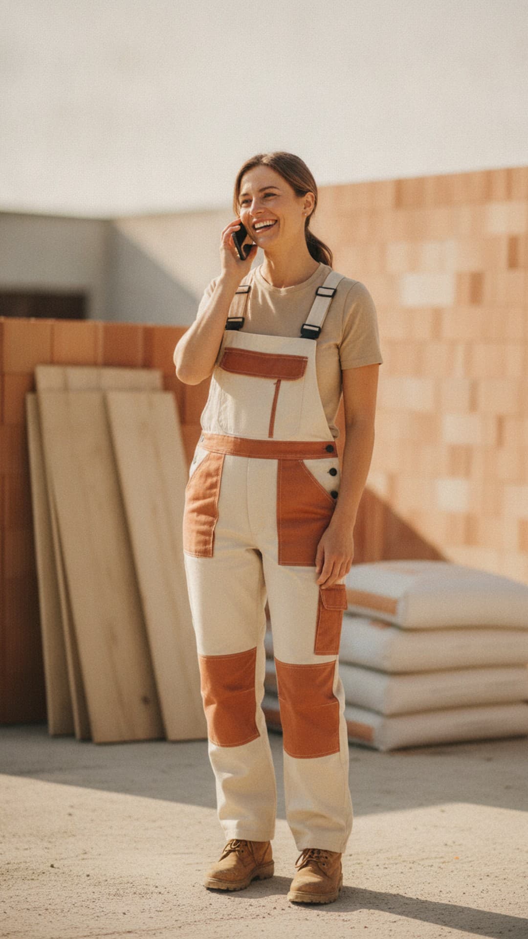 A tradeswoman on a building site, smiling as she speaks briefly into her phone